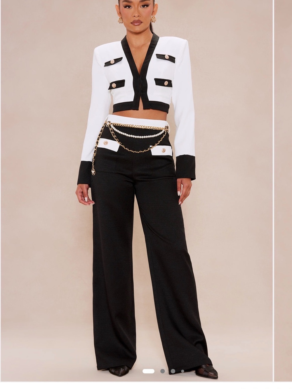 Cropped Two-Tone Blazer & Wide-Leg Pants Set - Black & White size small